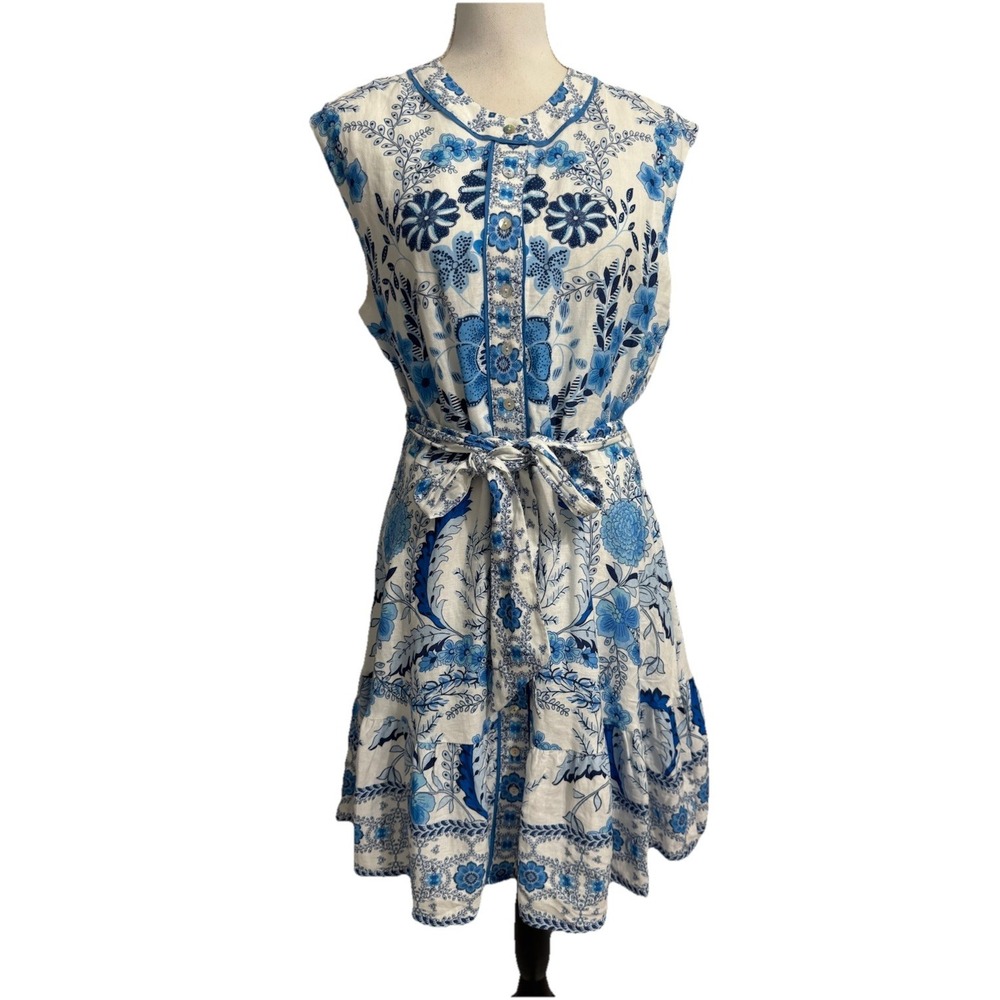 A loves A Dress Womens Large White Blue Floral Sleeveless Linen Blend Belted